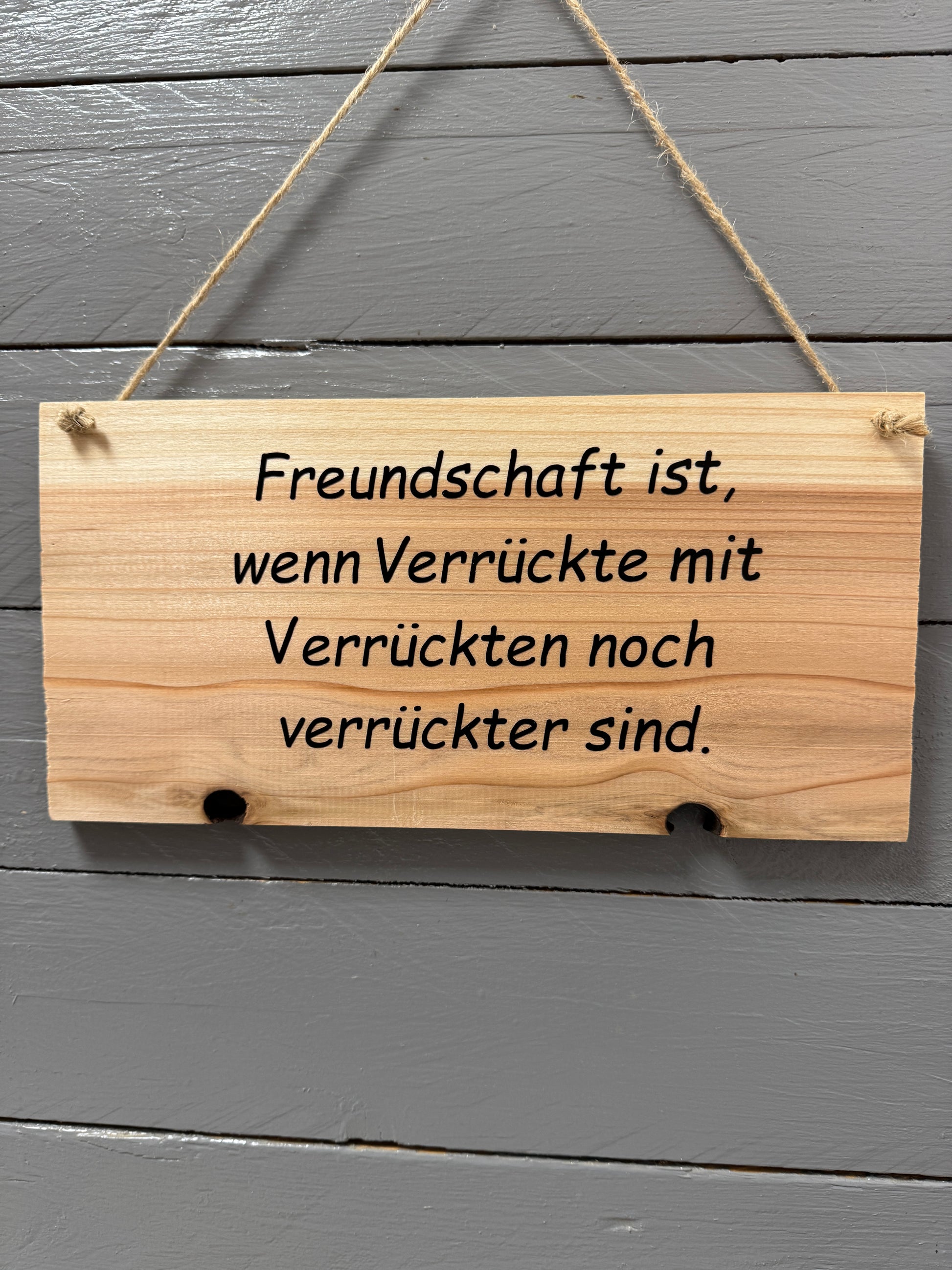 Holzschild mit dem Spruch „Freundschaft ist, wenn Verrückte mit Verrückten noch verrückter sind“ und Sisalband
