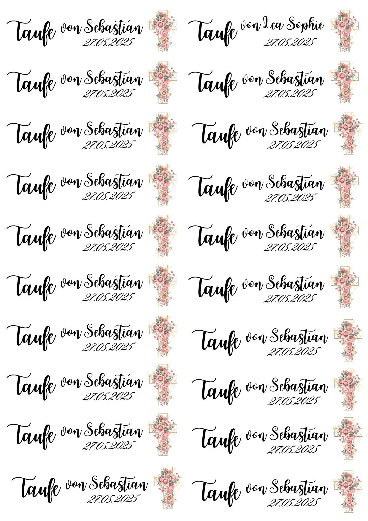 Taufkerze mit floralen Elementen und christlichem Symbol