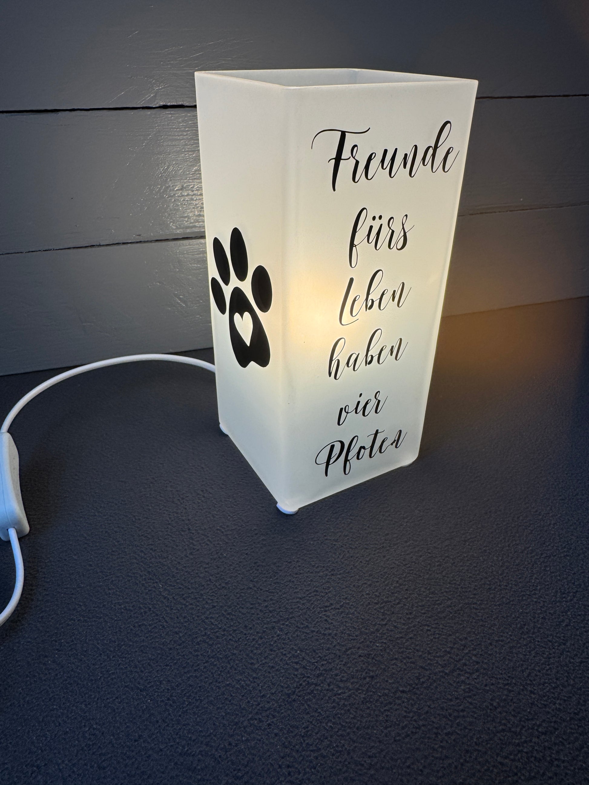 Detailaufnahme der Vinylfolie mit Pfotenmotiv auf Glaslampe