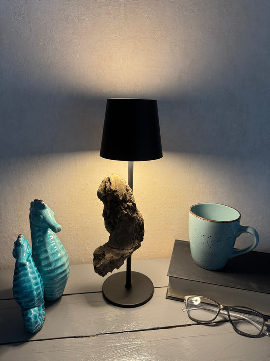 Treibholz Akku Tischlampe aus der Eckernförder Bucht Vorderansicht