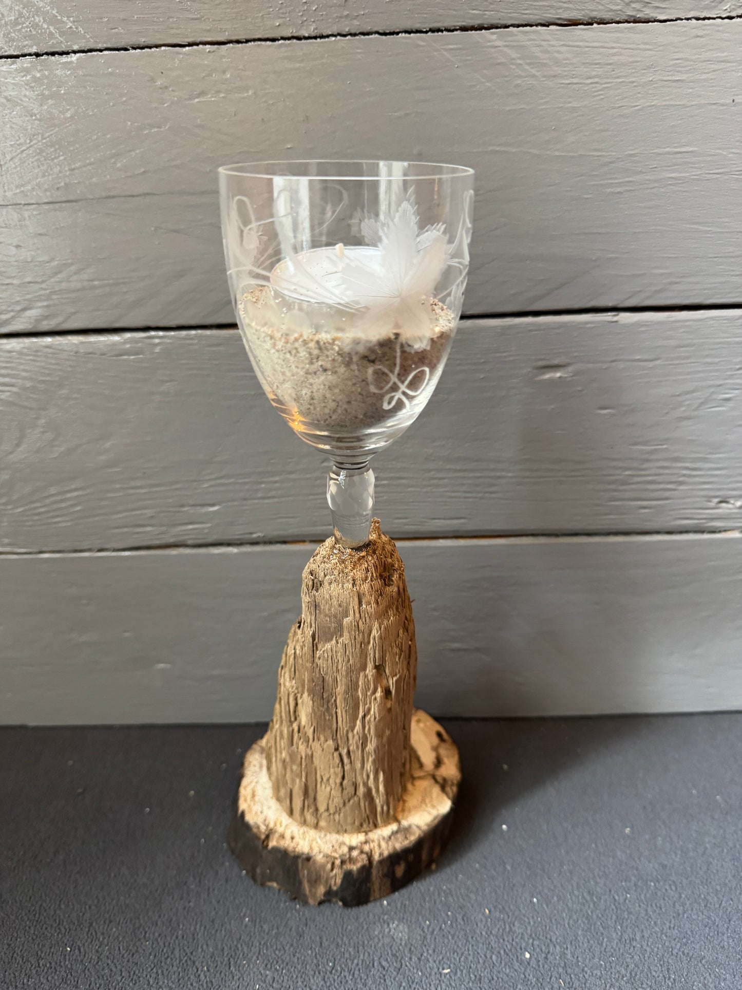 Ostsee Treibholz Kerzenhalter mit Glas und Sandfüllung
