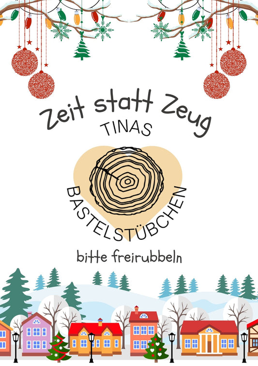 Weihnachtliches Rubbellos Zeit statt Zeug im DIN A5 Format mit goldenem Rubbelherz zum Selbstbeschriften