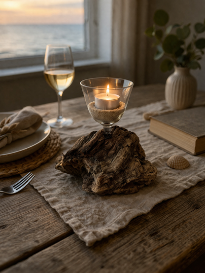 Gemütlicher Tisch mit Kerzenlicht und Meerblick