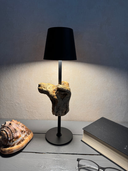 Rückansicht kabellose Treibholzlampe mit Metallfuß