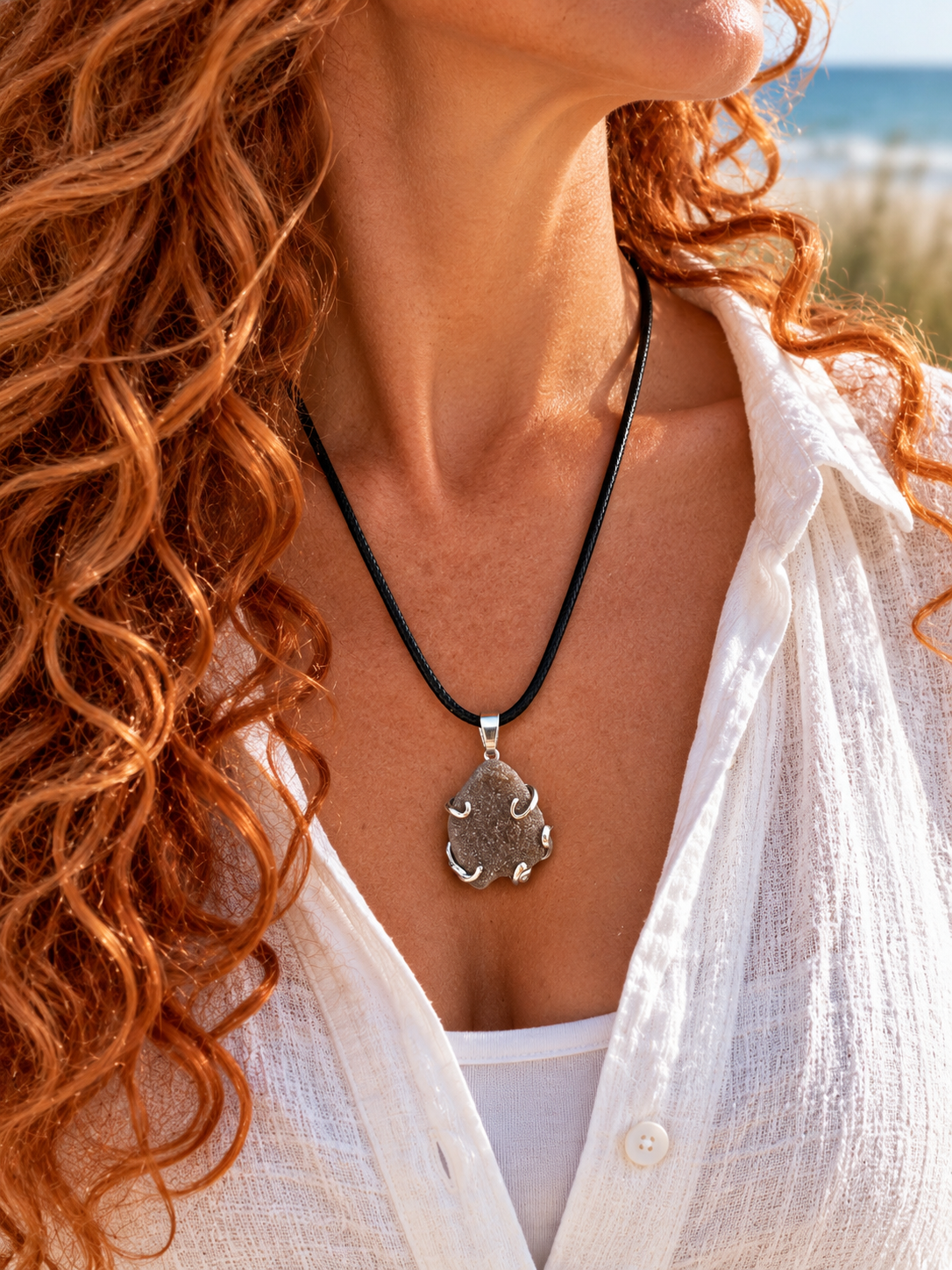 Braune Meerglas-Kette mit 3 cm langem Anhänger an einer Frau mit roten Locken und weißer Bluse