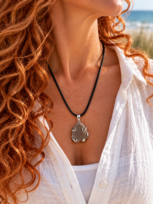 Braune Meerglas-Kette mit 3 cm langem Anhänger an einer Frau mit roten Locken und weißer Bluse