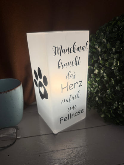 Beleuchtete Glaslampe mit Spruch Manchmal braucht das Herz einfach eine Fellnase.