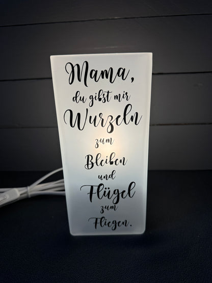 Glaslampe mit Mama Spruch Wurzeln und Flügel