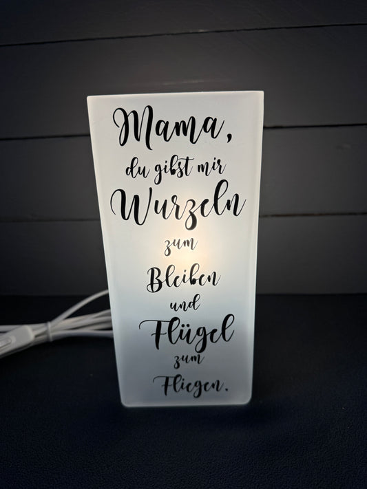 Glaslampe mit Mama Spruch Wurzeln und Flügel