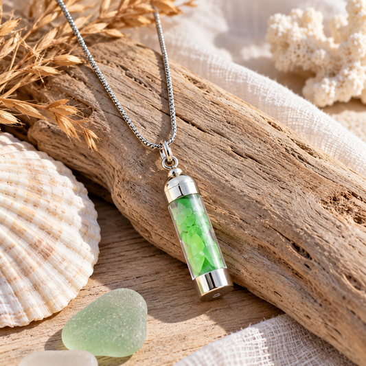 Handgefertigte Meerglas-Kette mit grünem Ostsee-Glas in einem silberfarbenen Anhänger auf natürlichem Treibholz
