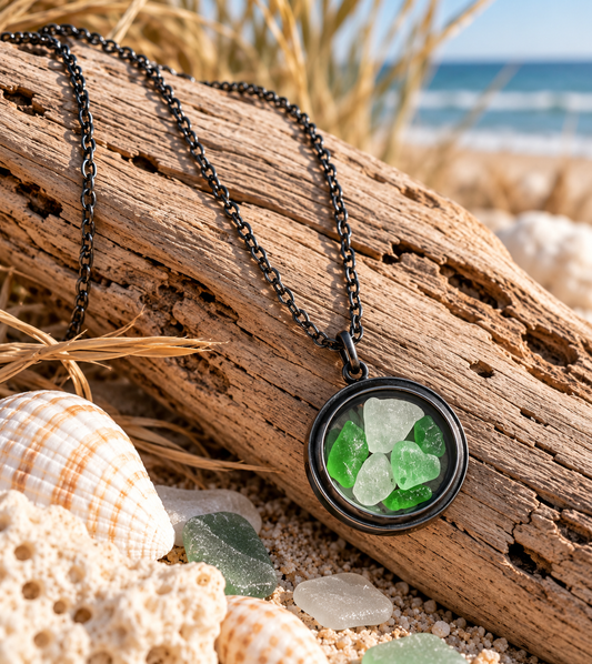Runde schwarze Meerglas-Kette mit grünem und weißem Ostsee-Glas auf natürlichem Treibholz am Strand