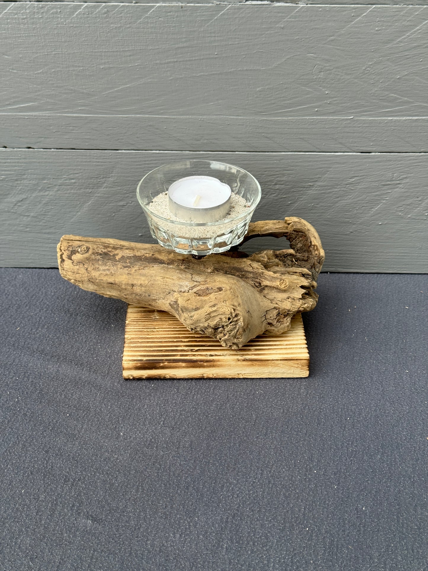 Treibholz Kerzenhalter aus Waabs mit Palettenholz und Glas