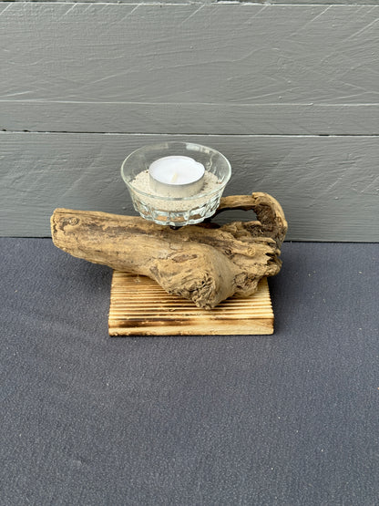 Treibholz Kerzenhalter aus Waabs mit Palettenholz und Glas