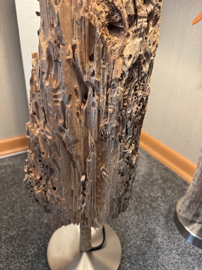 Handgefertigte Treibholz-Tischlampe „Ostseelicht Muschelfund“ aus Ostsee-Treibholz mit natürlichen Bohrmuschellöchern Detailansicht der Rückseite.