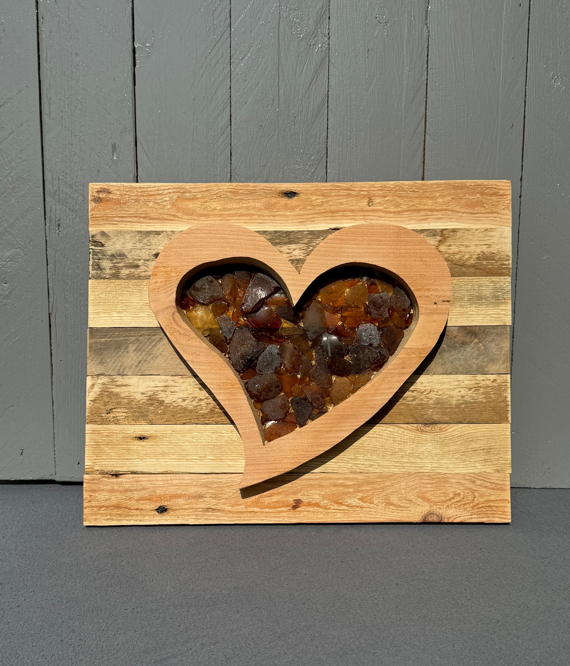 Ostsee Meerglas Herz Wandbild mit Lichterkette